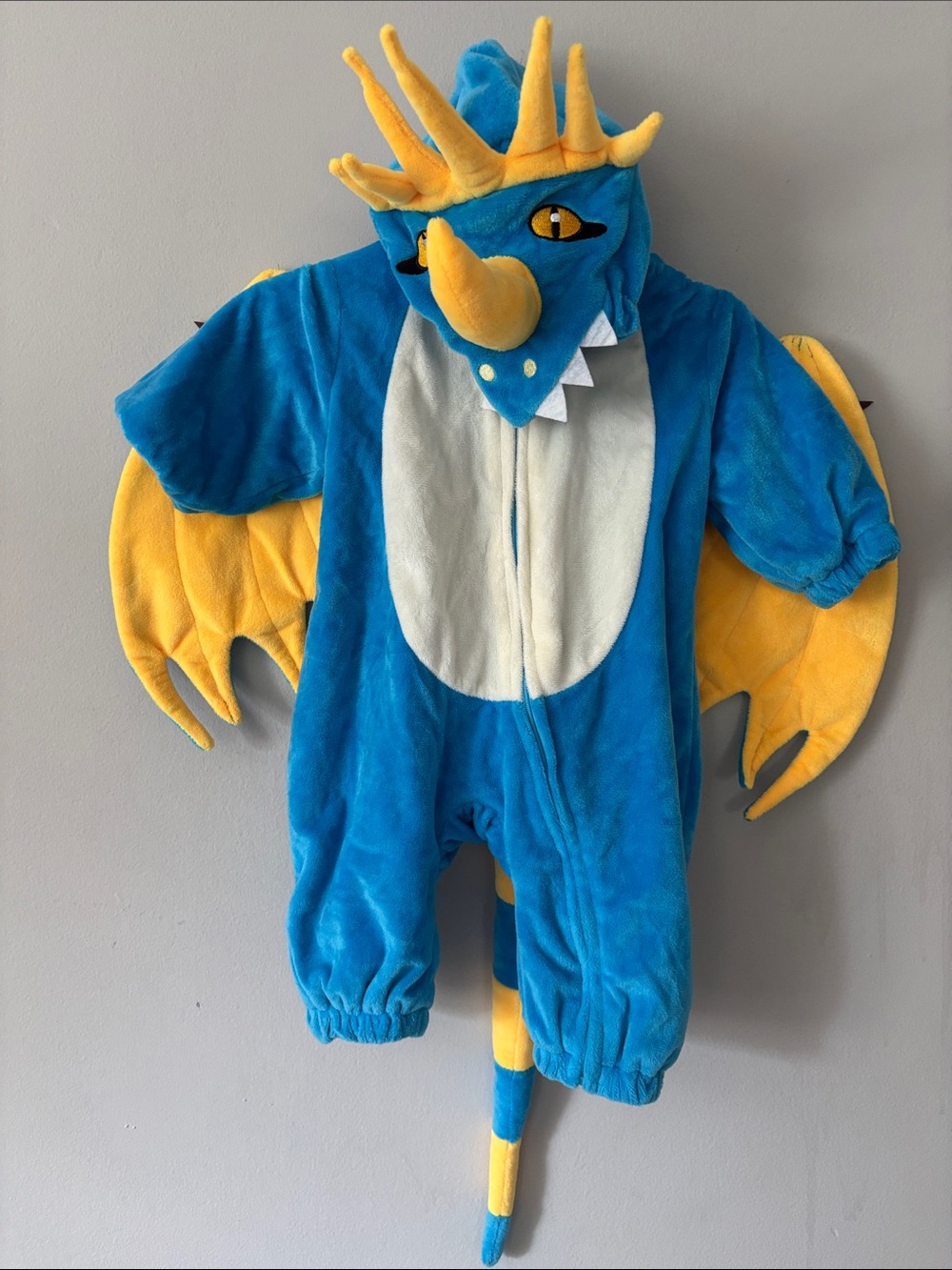 Baby Dragon Halloween Costume 3-6 Months Blue Plush Jumpsuit Hood Wings Tail